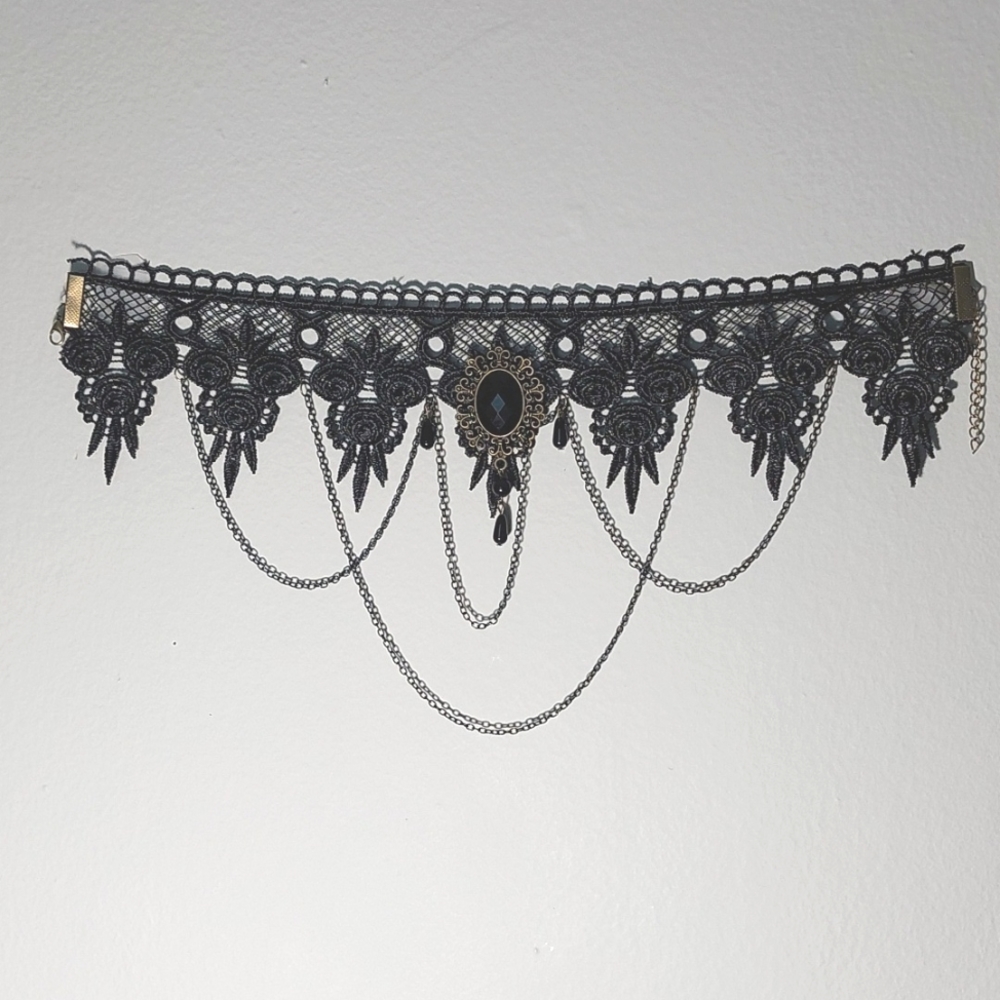 Black Lace, Fine chains, black tear drops  Choker Necklace